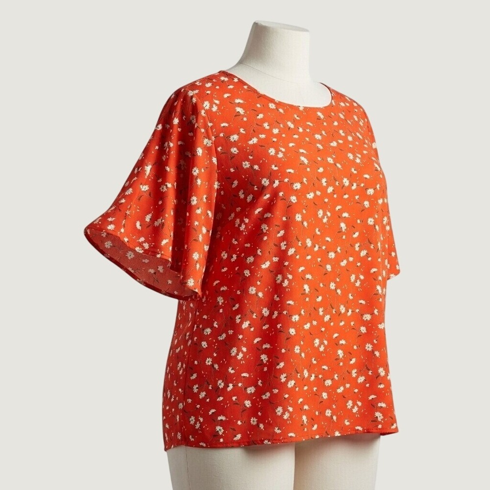 Molly & Isadora Plus Size 2X Orange Red Floral Print Top Short Sleeve Boho